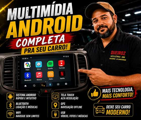 Central multimídia Android instalada pela Queiroz com Google Maps, Waze e Spotify na tela