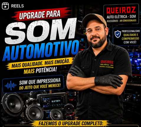 Equipamentos de som automotivo instalados pela Queiroz: alto-falantes, subwoofer e central multimídia